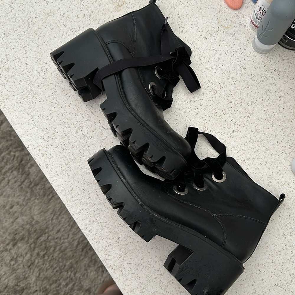 Shellys London platform boot with velvet laces worn three times